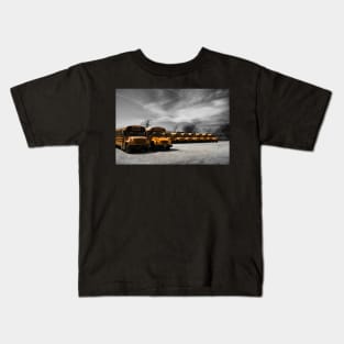 School buses waiting in a parking lot in Brooklyn, New York City Kids T-Shirt